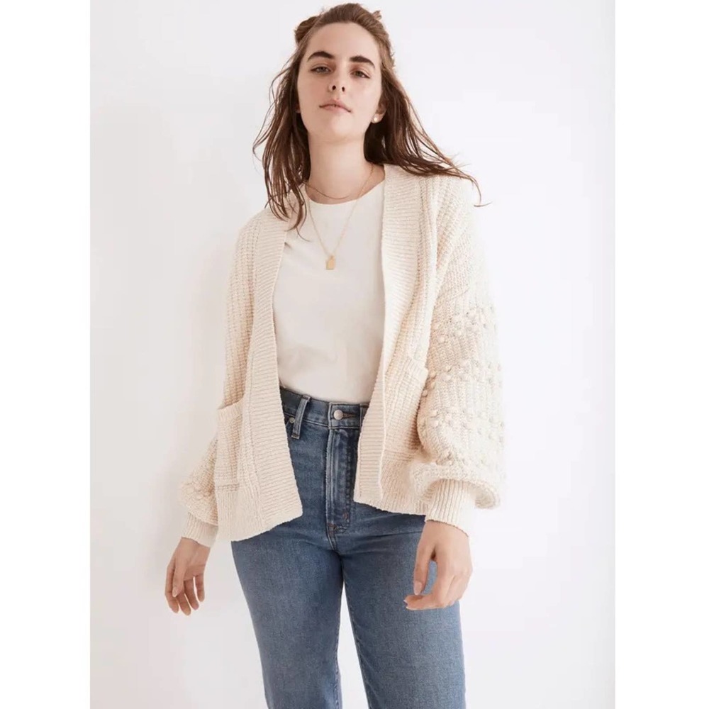Madewell Cream Bobble Sleeve Chunky‎ Cardigan Womens Size L